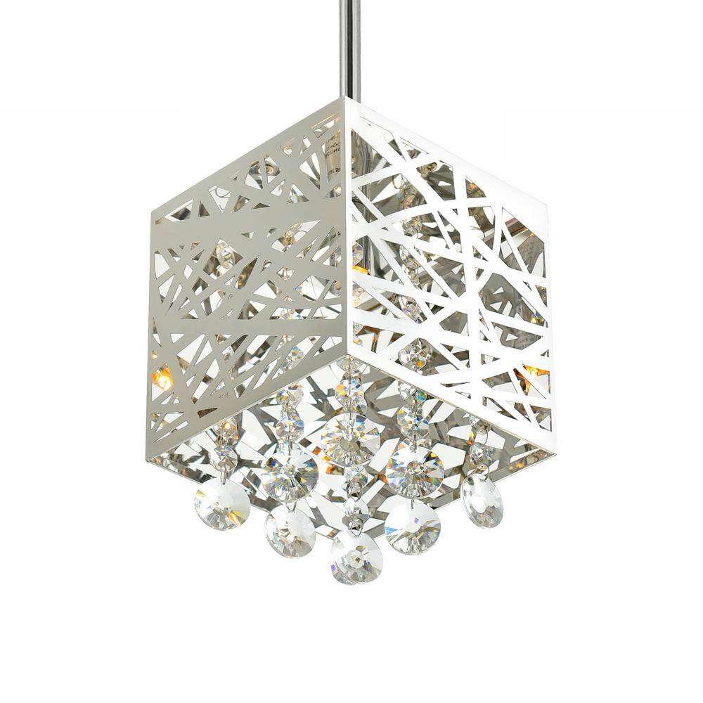 Chrome Mini Drum Pendant with Crystal Drops and LED Light