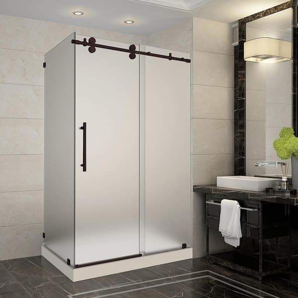 Aston Langham 48 in. x 35 in. x 77.5 in. Frameless Corner Sliding Shower Door with Frosted Glass in Bronze, Right Drain