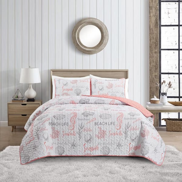 VIDERI HOME Coastal Wording Coral Full/Queen Microfiber Quilt Set