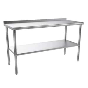 Silver Stainless Steel Table Kitchen Prep Table With Undershelf and Backsplash