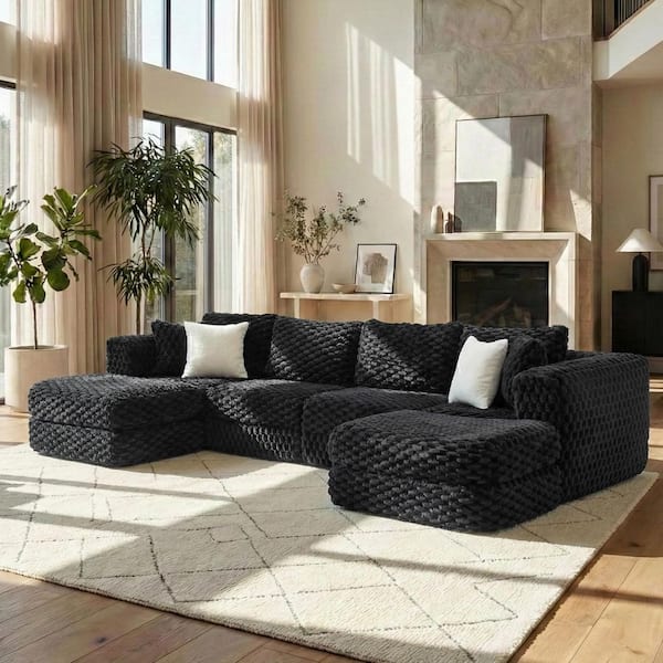 Darsen Modern 135.4 in. Polyester Fabric Upholstered U-shaped Sectional Sofa in. Black with Ottomans and Pillows