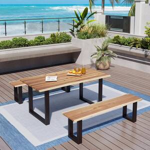 Brown 3-Piece Outdoor Dining Set with Acacia Wood Table and Acacia wooden Bench