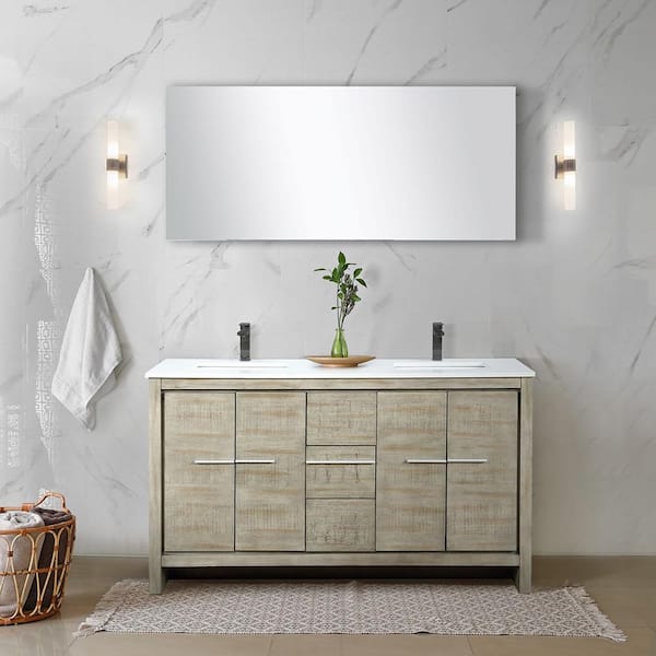 Lexora Lafarre 60 in W x 20 in D Rustic Acacia Double Bath Vanity, White Quartz Top, Chrome Faucet Set and 55 in Mirror