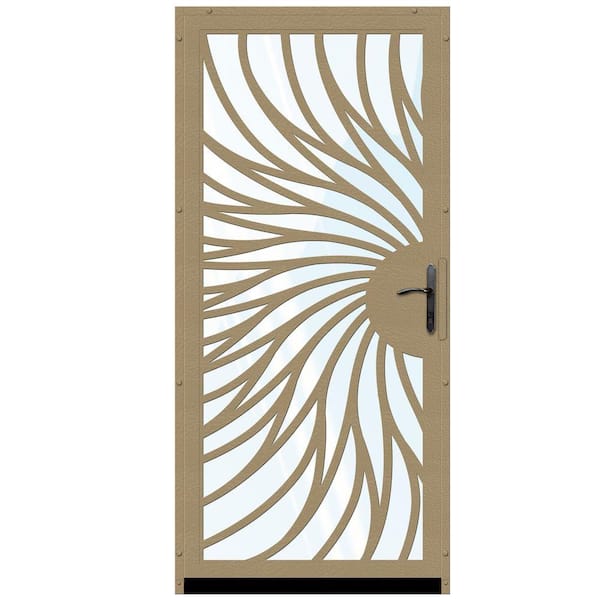 Unique Home Designs 36 in. x 80 in. Solstice Tan Surface Mount Steel Security Door with Shatter-Resistant Glass and Bronze Hardware