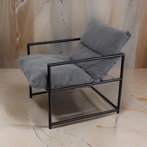 Gray and Black Faux Leather Arm Chair with Cushion and Black Iron Frame