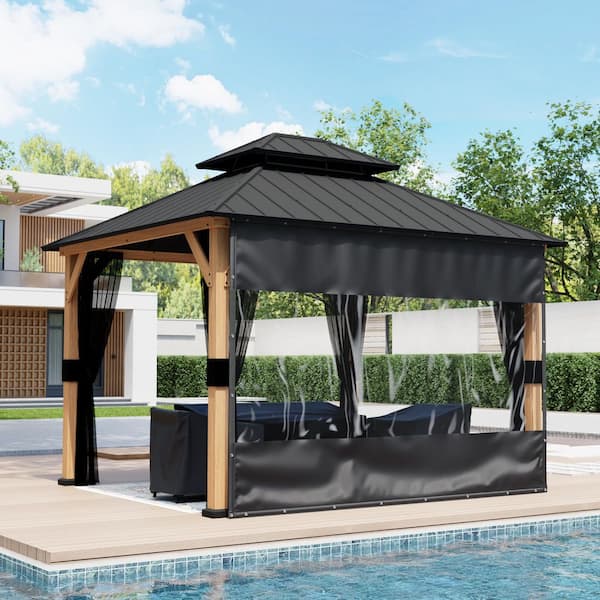 8-ft. x 12 ft. Outdoor PVC Curtain Black Top Bottom Clear Center Tear Resistant Privacy Screen Patio Pergola Gazebo