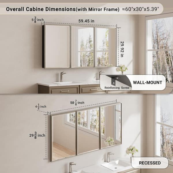 Musey 60 in. W x 30 in. H Brush Nickel Rectangular Aluminum Recessed/Surface Medicine Cabinet with Beveled Edge Mirror