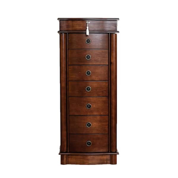 Unbranded Nora Walnut Wood Locking 15.5 in. W Jewelry Armoire with 7 Drawers