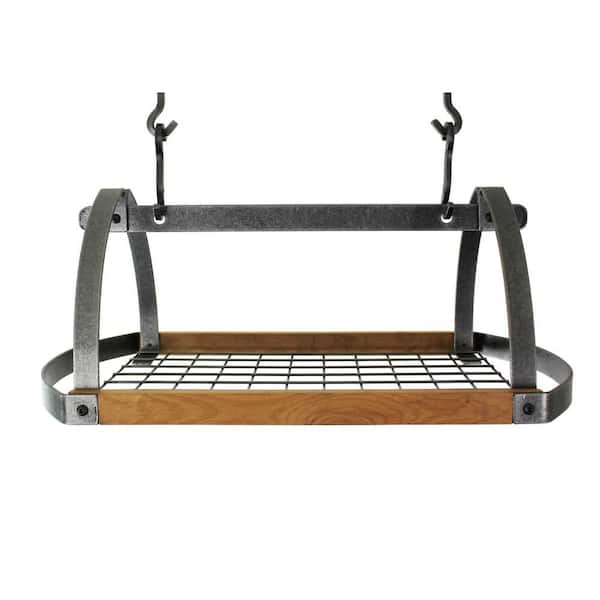 Handcrafted Decor Oval Ceiling Hammered Steel Pot Rack with Alder Accent and 12-Hooks Hammered Steel