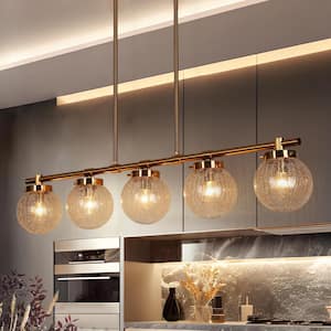 Modern 5-Light Plated Brass Island Chandelier for Dining Room with Globe Glass Shades and No Bulbs Included