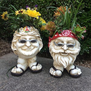13 in. H Hippie Jerry and Hippie Chick Janice Antique White Muggly Face Planter Statue Holds 4 in. Pot