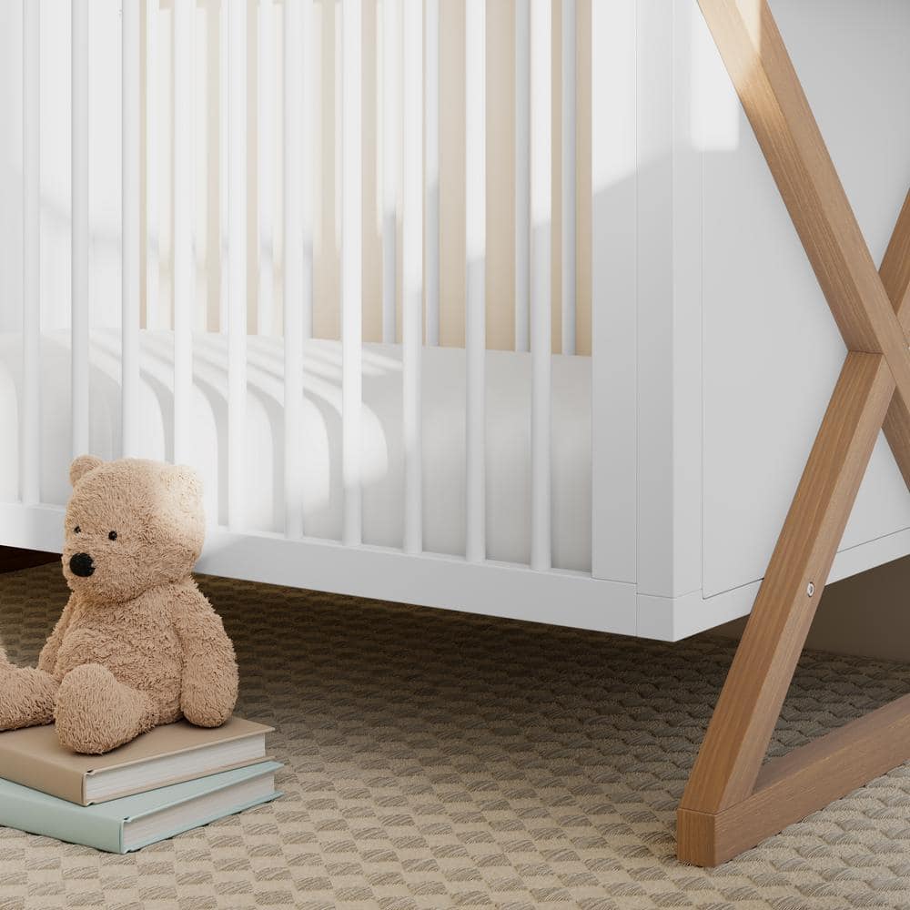 White and Driftwood 3-in-1 Convertible Baby Crib with Adjustable Mattress Support