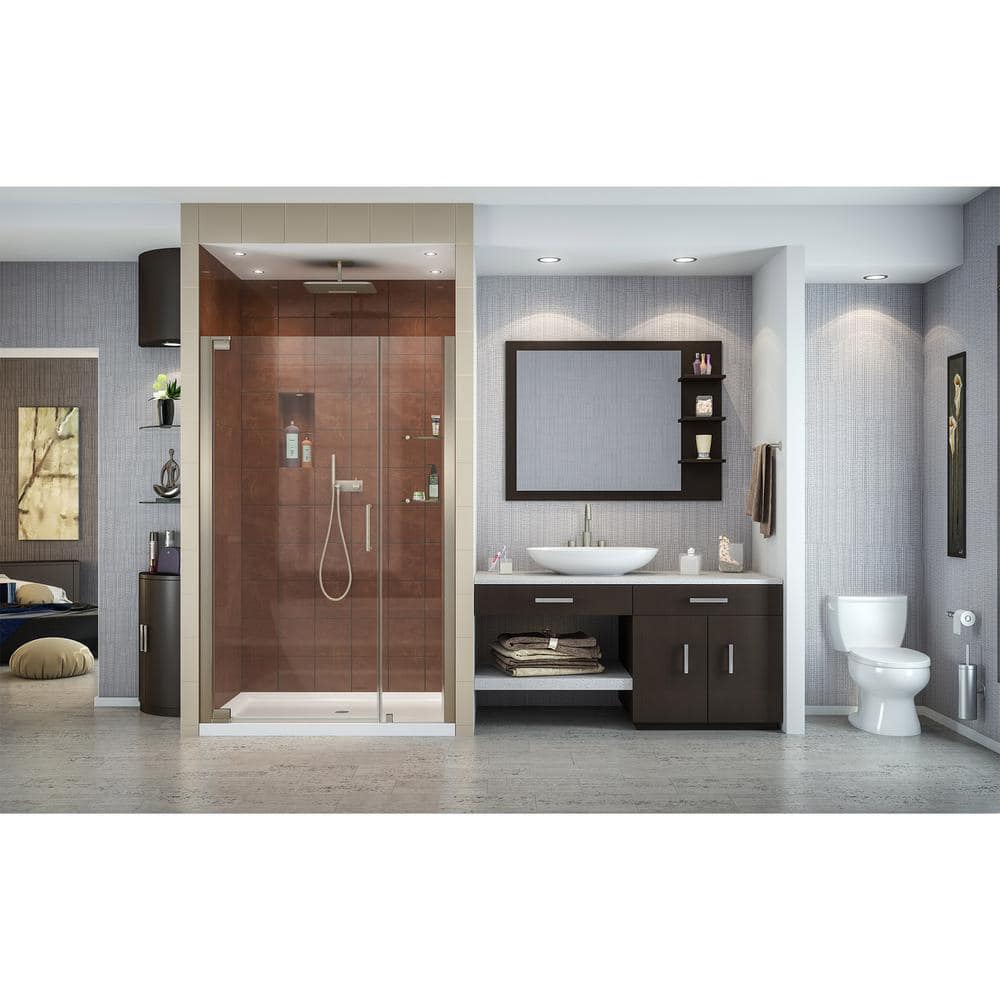 Elegance Frameless Clear Glass Pivot Shower Door with Distressed Bronze Hardware