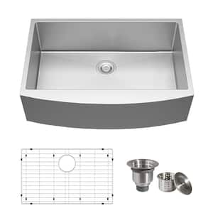 33 in. Farmhouse/Apron-Front Single Bowl 16-Gauge Silver Stainless Steel Kitchen Sink with Bottom Grids