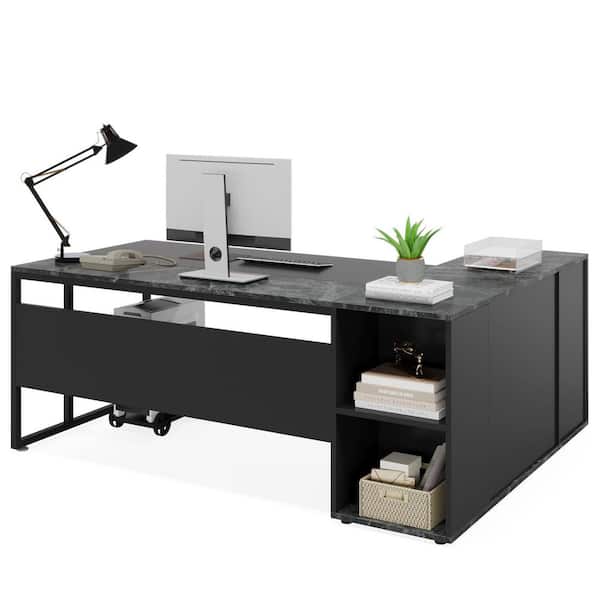 Lanita 71 in. L Shaped Modern Black Engineered Wood Executive Office Desk Large Computer Desk with Storage, Doors
