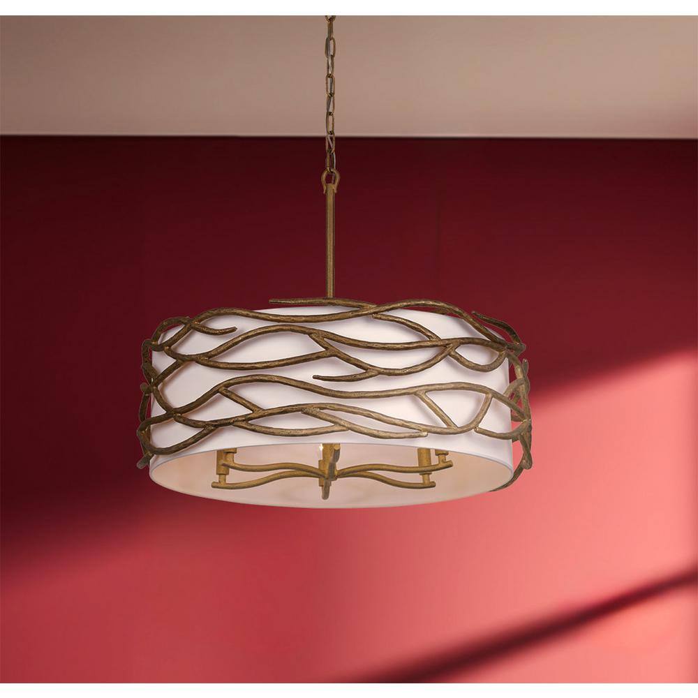 Textured Ashen Gold 6-Light Indoor Drum Pendant with Fabric Shade