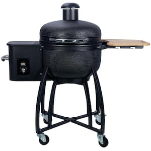 Outdoors Patio Black 24 in. Smoked Roasted BBQ Ceramic Pellet Grill in Color with 19.6 in Gridiron Double Ceramic Liner