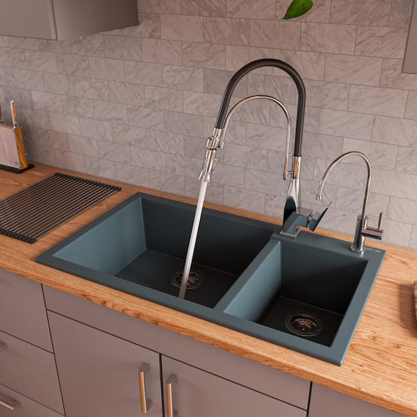 ALFI BRAND Drop -In Granite Composite 33.88 in. 1-Hole 35/65 Double Bowl Kitchen Sink in Titanium