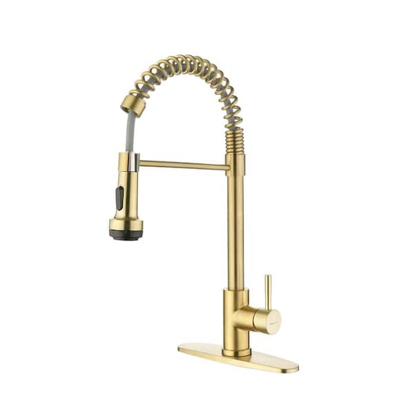 AMAZING FORCE RN Single Handle Pull Down Sprayer Kitchen Faucet with Spring and 4 Modes in Brushed Gold