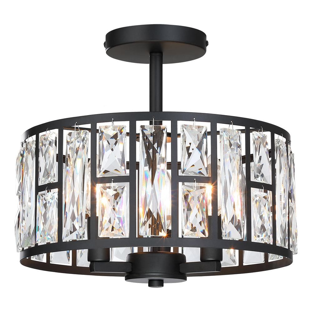 12 in. 3-Light Round Modern Black Drum Semi Flush Mount Ceiling Light with Clear Crystal Glass price history on PriceWatchPro