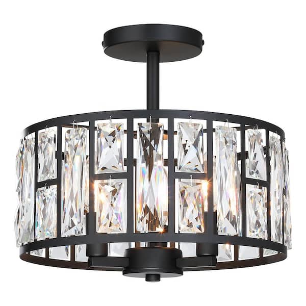 12 in. 3-Light Round Modern Black Drum Semi Flush Mount Ceiling Light with Clear Crystal Glass