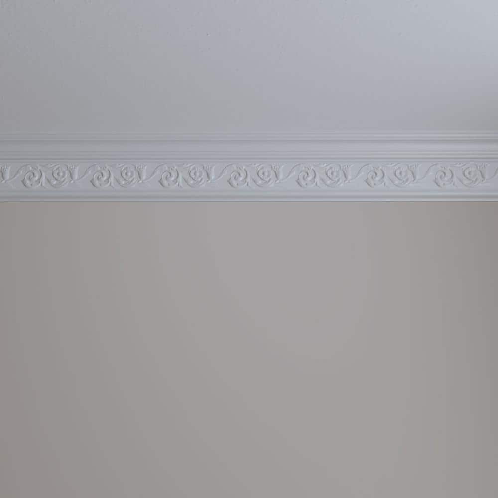 Primed White Polyurethane Floral Crown Moulding Sample, 12" Length