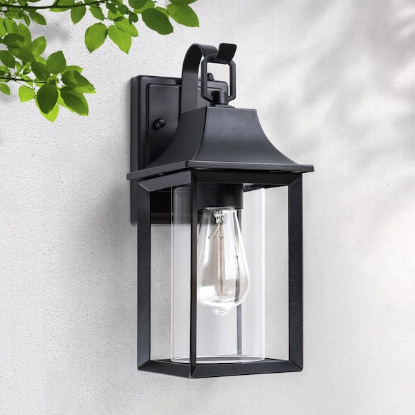 Maxax Decorators 14 in. Sand Black Farmhouse Cylinder Dusk to Dawn Outdoor Hardwired Cylinder Glass Sconce