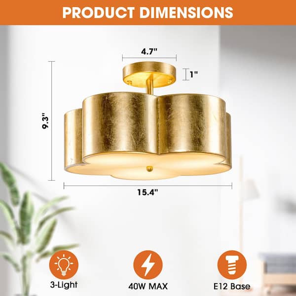 Parrot Uncle 15.35 in. 3-Light Gold Metal Flower Semi Flush Mount