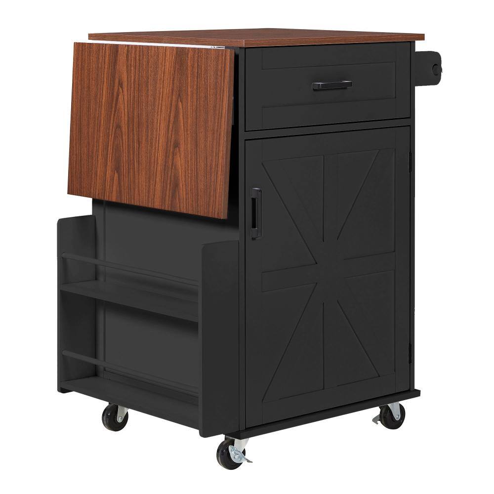 Black Wood 39.3 in. Wide Kitchen Island with Drop Leaf and Open Side Rack
