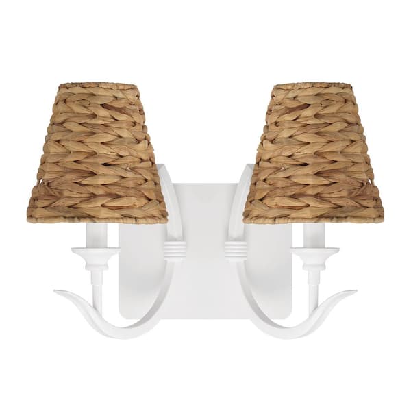 Kokomo 14.13 in. 2-Light Matte White Finish Wall Sconce with Sea Grass Shade