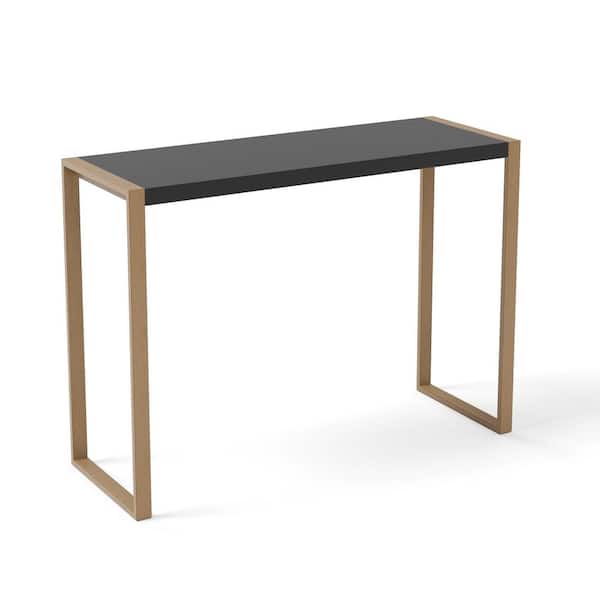 PHI VILLA Black Patio Rectangle Metal Bar Height Outdoor Dining Table with Wood Grain Table Legs