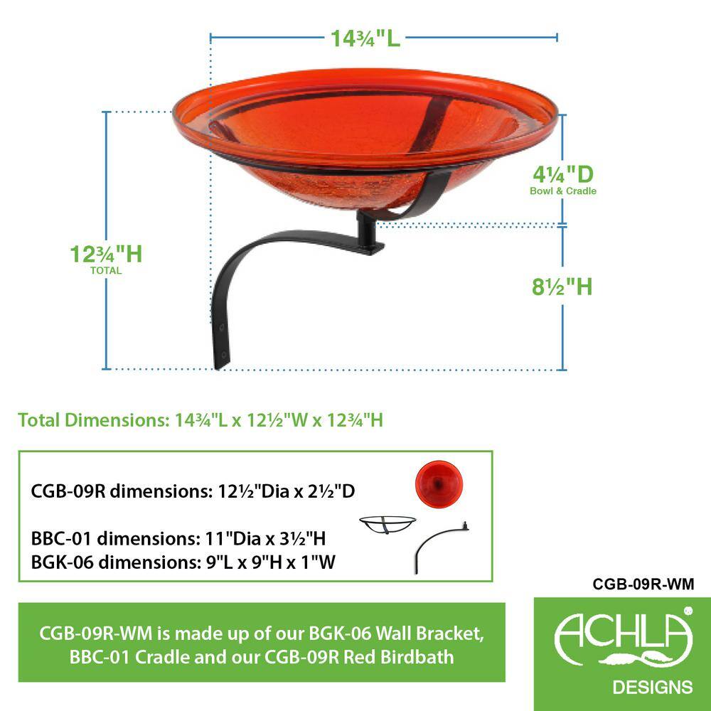 Tomato Red Crackle Glass Wall-Mounted Birdbath with Iron Bracket