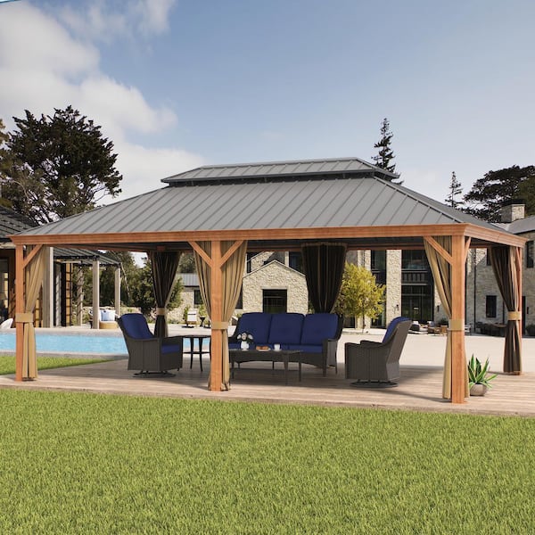14 ft. x 22 ft. Double Galvanized Steel Roof Aluminum Wood-Looking Frame Outdoor Patio Hardtop Gazeb