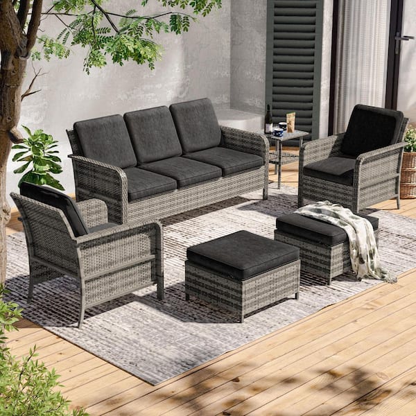 JOYESERY 6-Piece Gray Wicker Patio Outdoor Conversation Set with Thickening Ottomans Side Table, Black Cushion