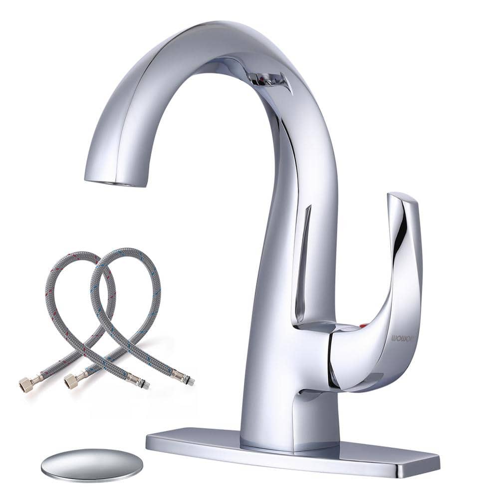 WOWOW Single Handle Single Hole Bathroom Faucet with Deckplate Included and Spot Resistant in ...