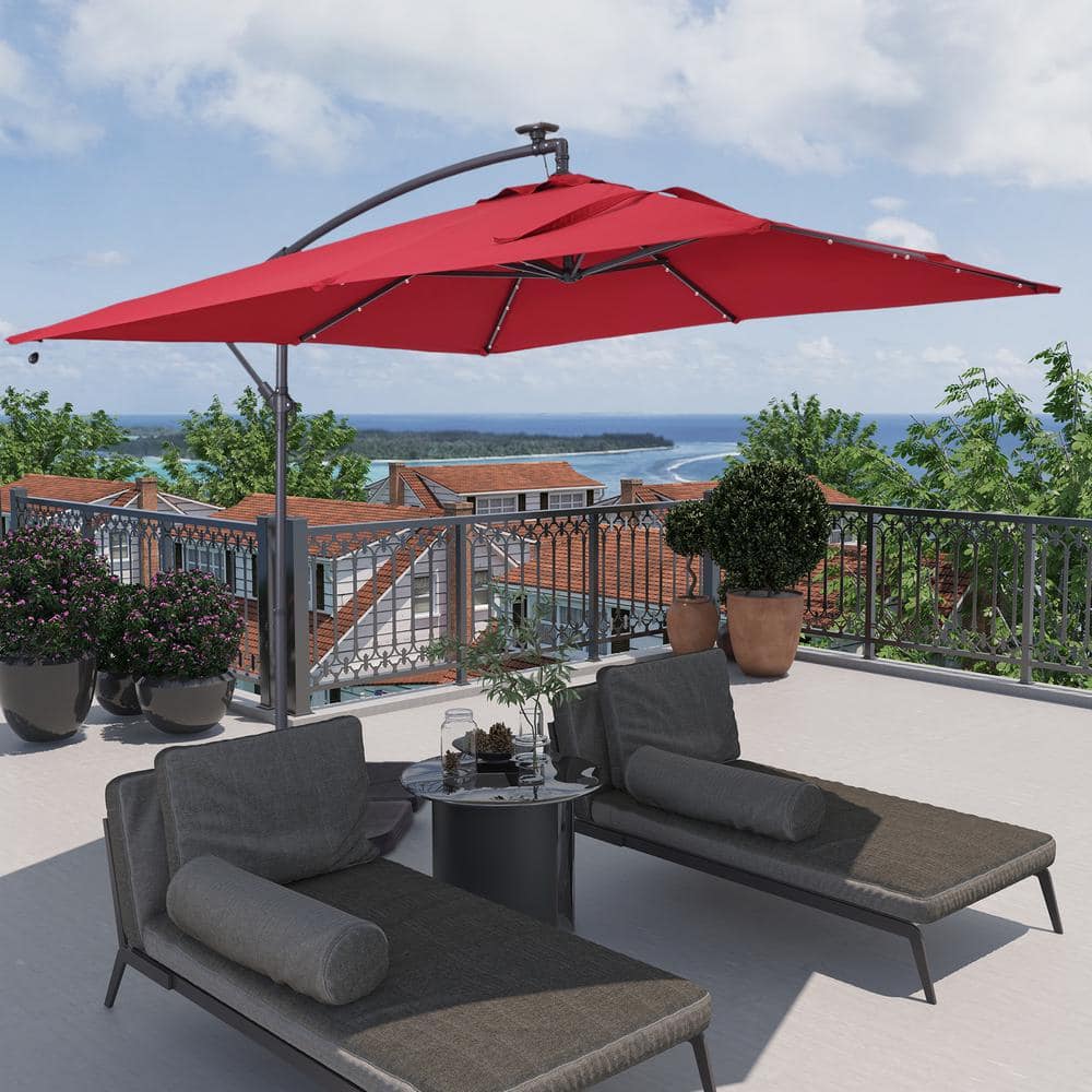 8.5 ft. Aluminum Cantilever Solar LED Square Patio Umbrella in Red
