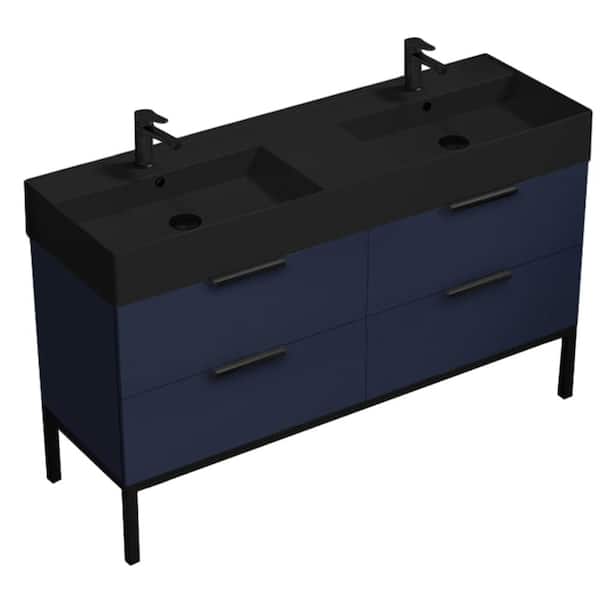 Derin 55.51 in. W x 18.11 in. D x 34.65 in H Double Floor Standing Bath Vanity in Navy Blue with Matte Black Ceramic Top