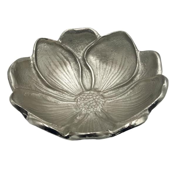Silver 11 in. x 11 in. Aluminum Lotus Flower Decorative Bowl