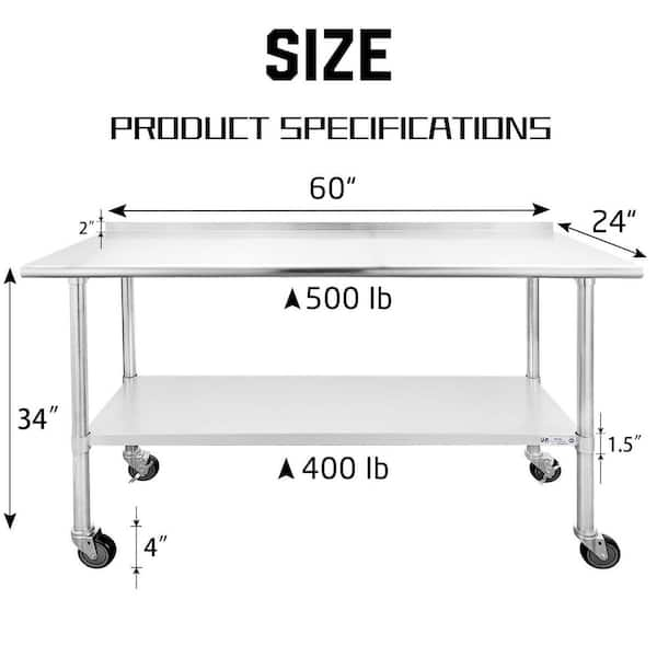 Stainless Steel Work Table for Prep & Work 24 x 60 Inches Heavy Duty Table with Undershelf and Galvanized Legs for Restaurant, Home and Hotel, Silver