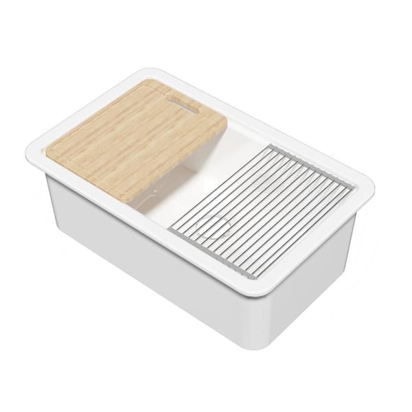 Workstation Kitchen Sink 30 in. Drop-in Single Bowl White Fireclay Kitchen Sink with Cutting-Board and Bottom Grid Drain