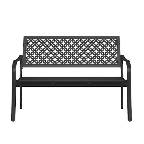 Upland Outdoor Garden Bench with Anti-Rust Metal Powder Coated Frame, Patio Bench for Front Porch Park, Black
