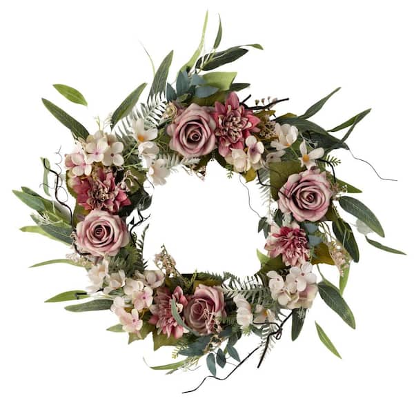 SULLIVANS 28 in. Artificial Tea Rose Hydrangea Wreath