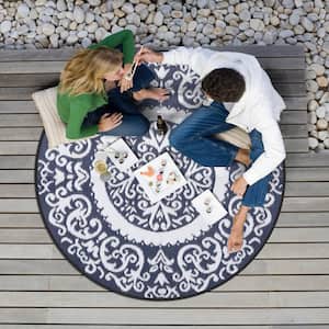 Blue and White 5 ft. Round Moroccan Polypropylene Waterproof Fade Resistant Indoor/Outdoor Area Rug