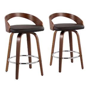 Grotto 29.75 in. Counter Height Bar Stool in Brown Faux Leather and Walnut Wood (Set of 2)