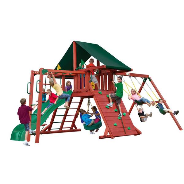 Gorilla Playsets Sun Climber II Wooden Swing Set with Sunbrella Canvas Forest Green Canopy and Monkey Bars