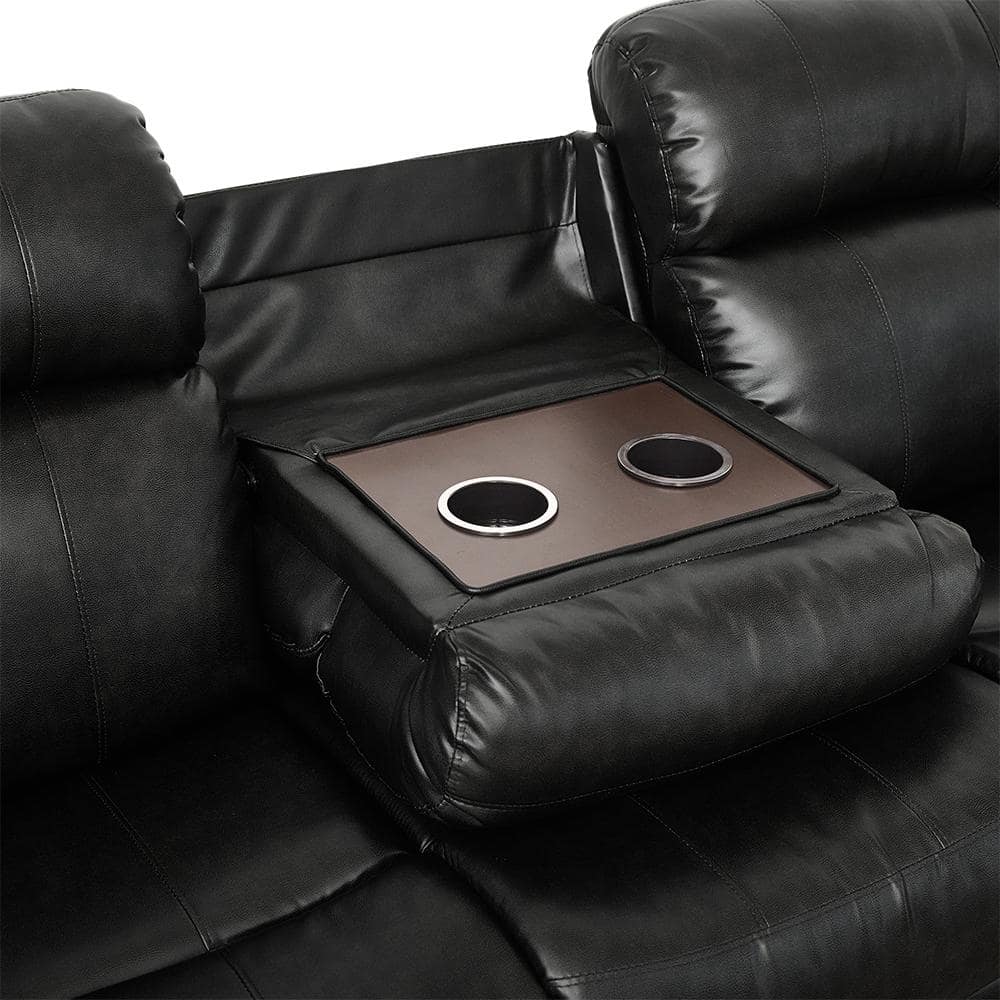 Black Faux Leather Reclining Sofa with Cup Holders and Pillow-top Arms