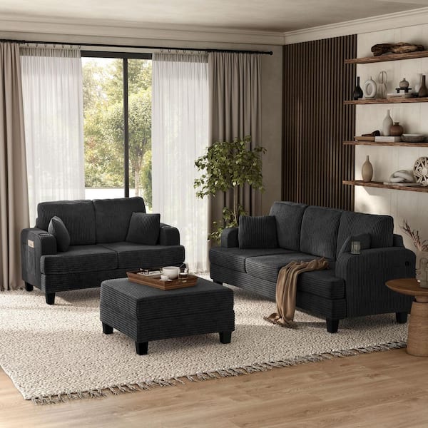 Kasin 3-Piece Dark Gray Chenille Small Space Living Room Set with USB Ports and Cup Holders