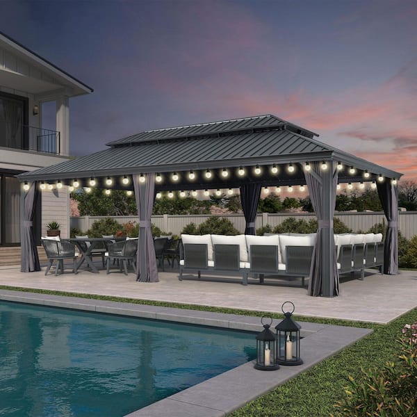 14 ft. x 24 ft. Gray Patio Outdoor Gazebo for Backyard Hardtop Aluminum Frame with Hooks, Netting, Curtain 48-Lights