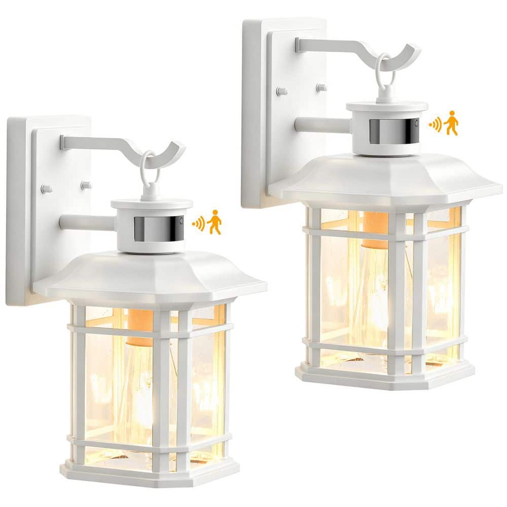 12 in. White Outdoor Hardwired Wall Lantern Sconce with Motion Sensor, Dusk to Dawn, Seeded Glass, No Bulb Included price history on PriceWatchPro
