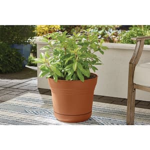 14 in. Anne Terra Cotta Plastic Planter (14 in. x 13 in.) with Drainage Hole and Attached Saucer